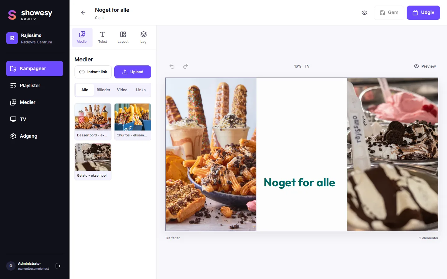 The RajiTV campaign editor with layout and content editing tools